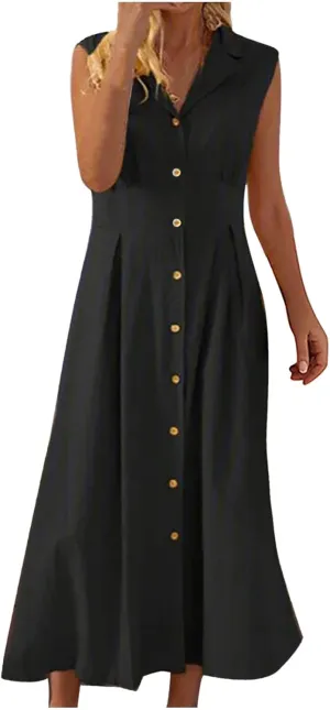 Women's Summer Boho Button Cotton Linen Midi Dresses Casual Collared V Neck Sleeveless Elegant Long Sundress