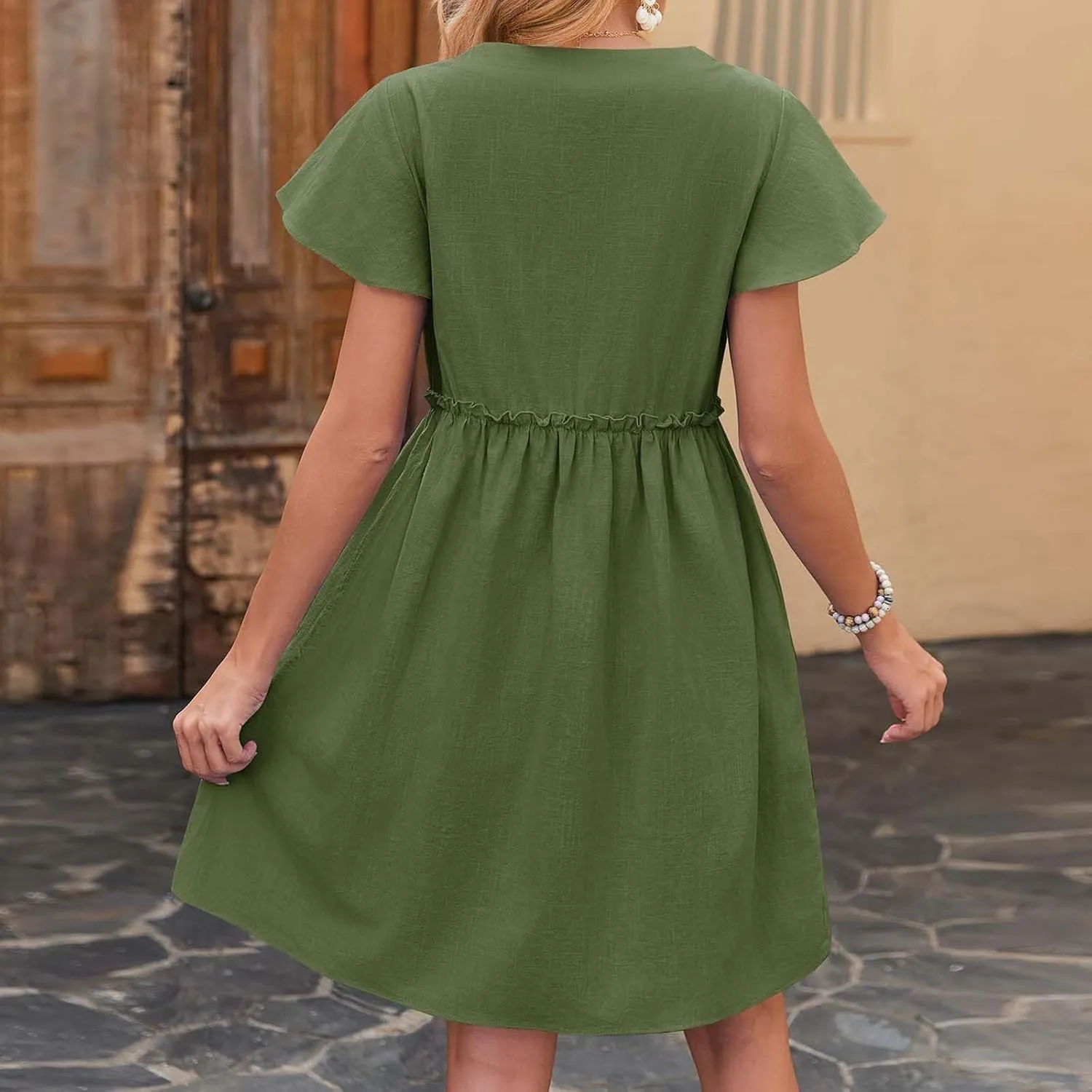 Womens Summer Button Down A-line Dress Ruffle Short Sleeve Mini Dresses Loose Fit V Neck Beach Casual Sundress