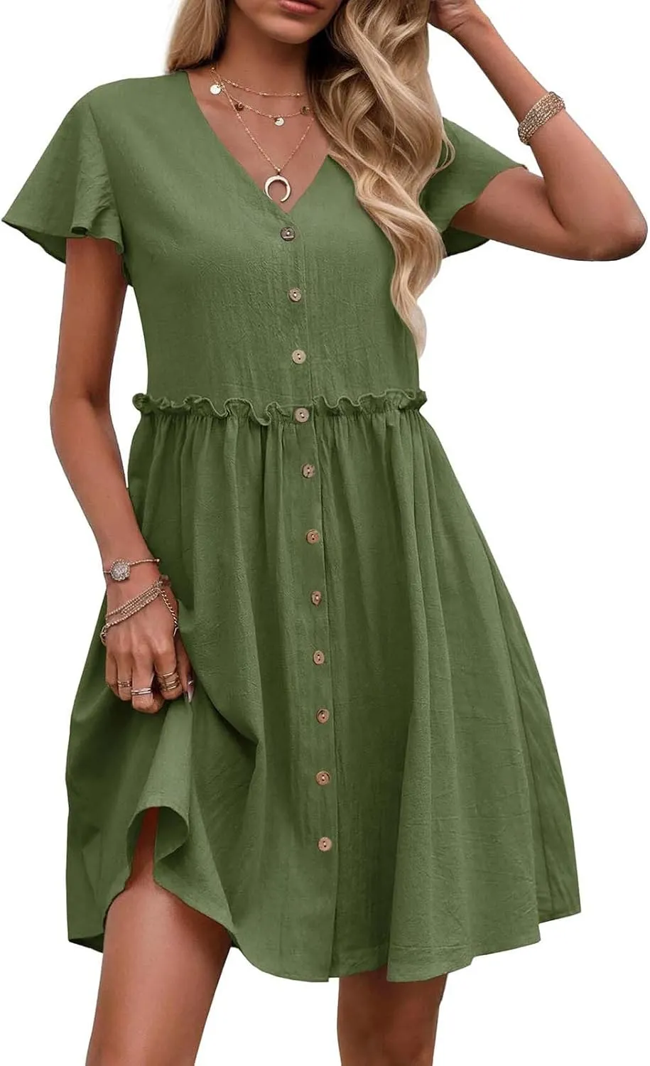 Womens Summer Button Down A-line Dress Ruffle Short Sleeve Mini Dresses Loose Fit V Neck Beach Casual Sundress