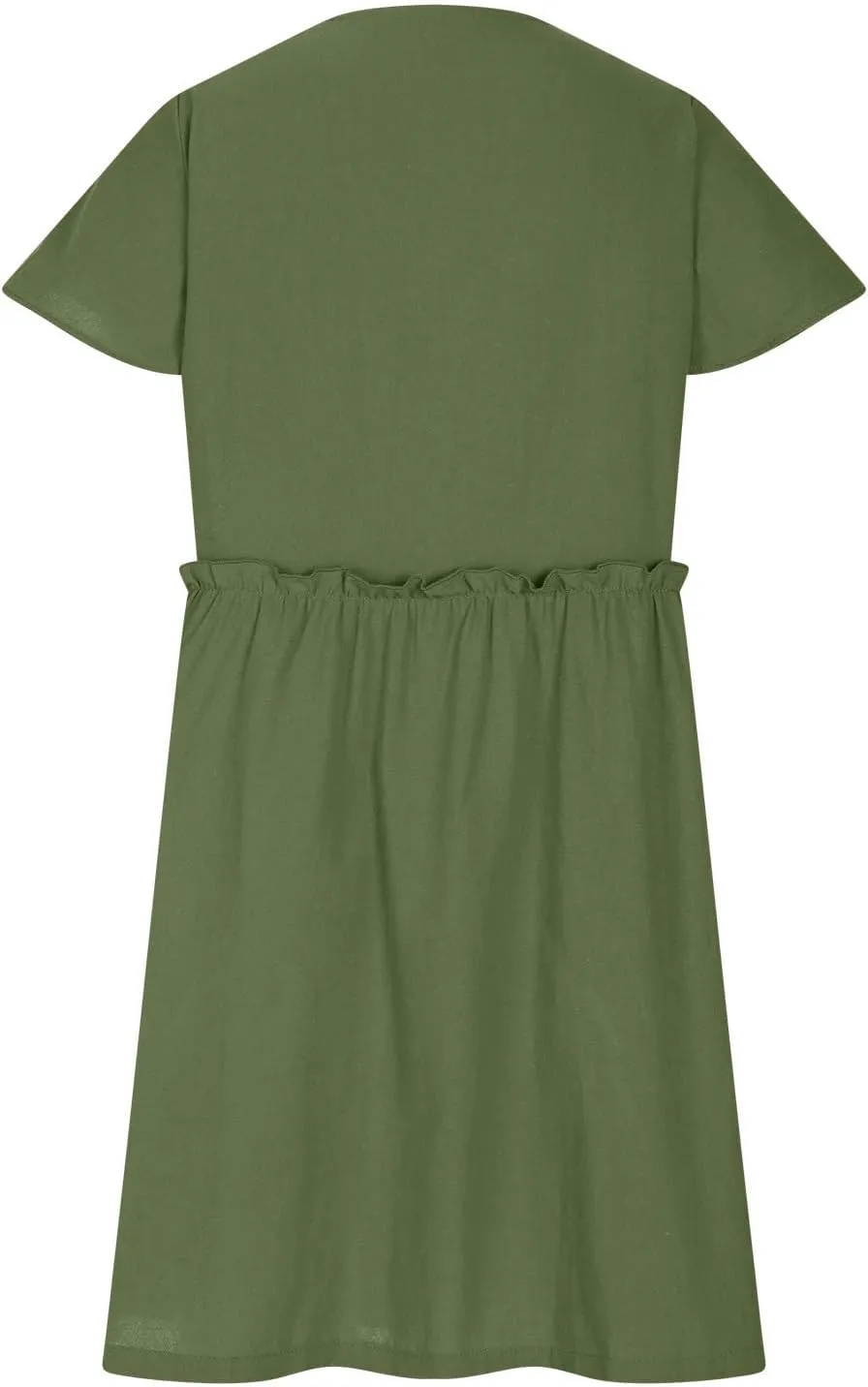 Womens Summer Button Down A-line Dress Ruffle Short Sleeve Mini Dresses Loose Fit V Neck Beach Casual Sundress