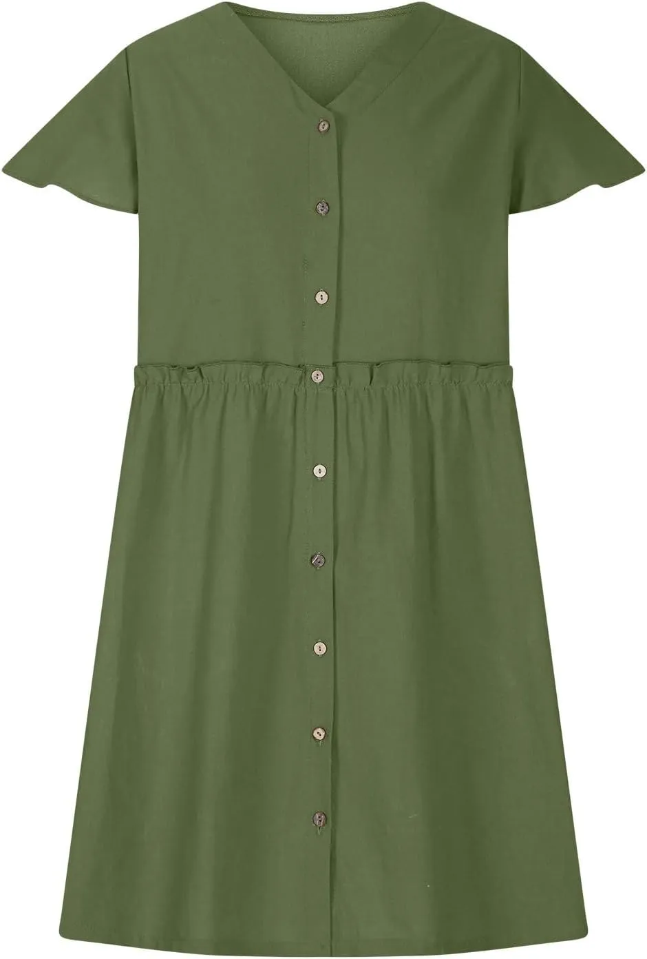 Womens Summer Button Down A-line Dress Ruffle Short Sleeve Mini Dresses Loose Fit V Neck Beach Casual Sundress