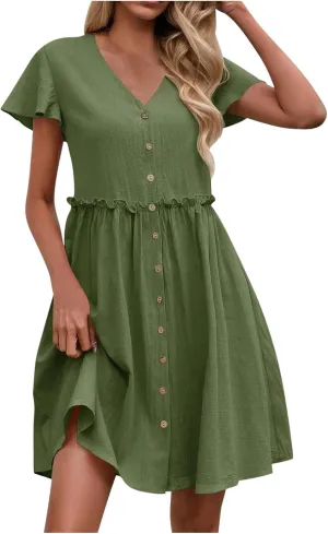 Womens Summer Button Down A-line Dress Ruffle Short Sleeve Mini Dresses Loose Fit V Neck Beach Casual Sundress