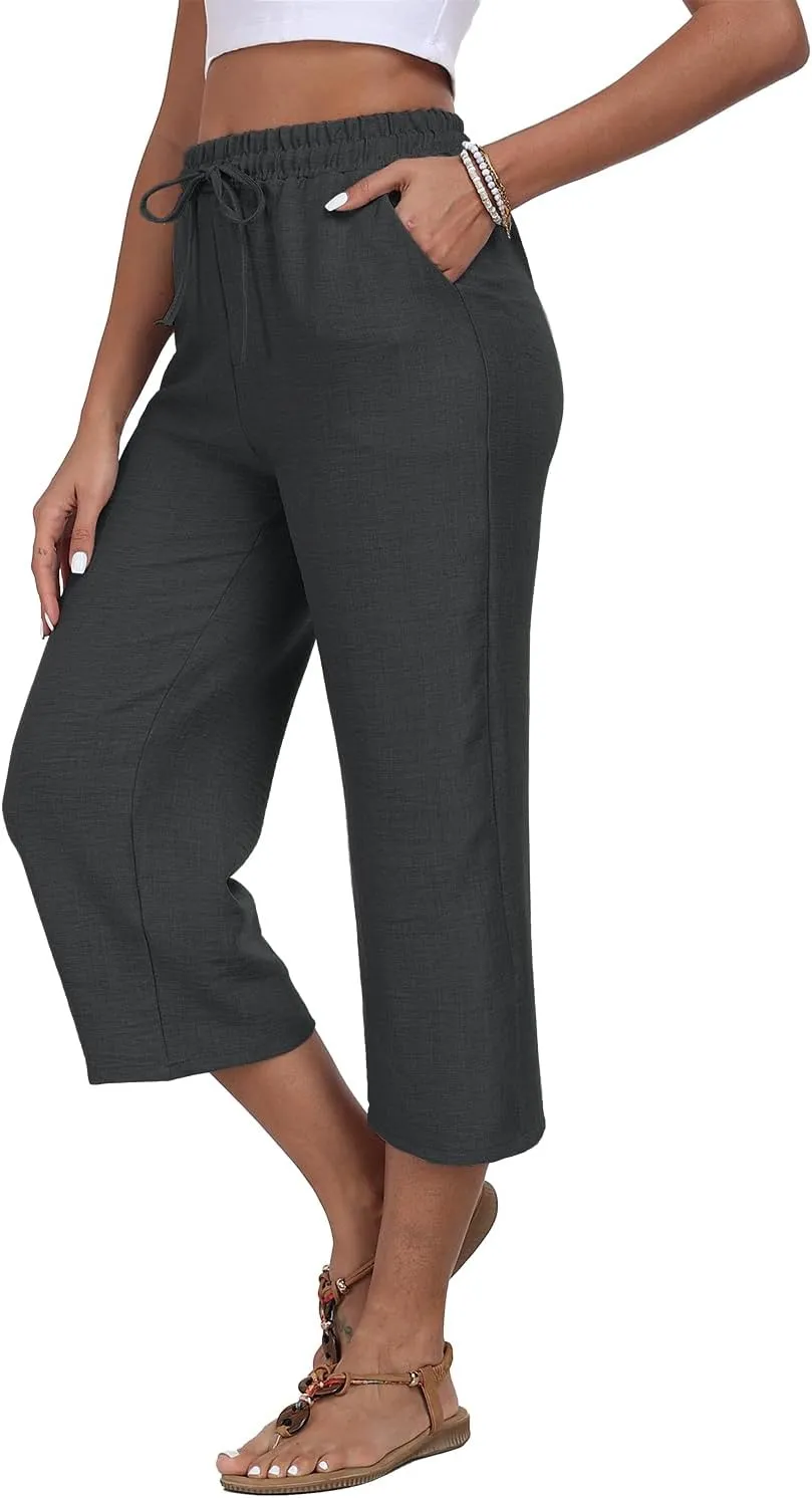 Womens Summer Capri Pants Wide Leg Elastic Waist Casual Business Pants Loose Work Lounge Trousers with Pockets