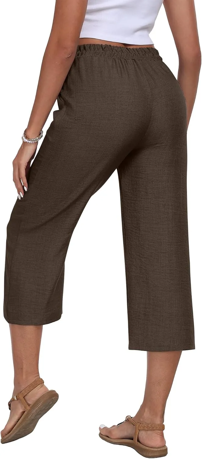 Womens Summer Capri Pants Wide Leg Elastic Waist Casual Business Pants Loose Work Lounge Trousers with Pockets