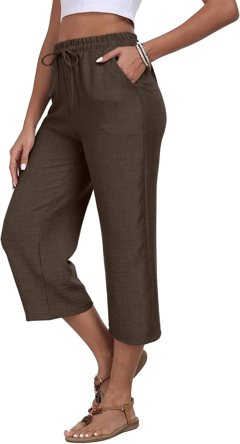 Womens Summer Capri Pants Wide Leg Elastic Waist Casual Business Pants Loose Work Lounge Trousers with Pockets