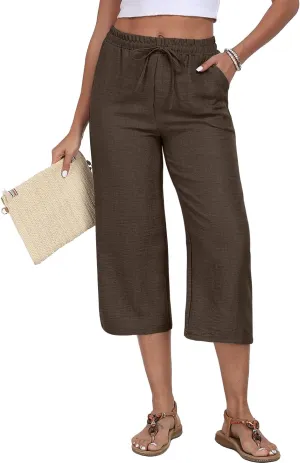Womens Summer Capri Pants Wide Leg Elastic Waist Casual Business Pants Loose Work Lounge Trousers with Pockets