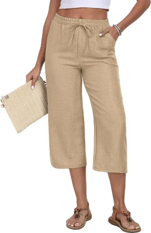 Womens Summer Capri Pants Wide Leg Elastic Waist Casual Business Pants Loose Work Lounge Trousers with Pockets