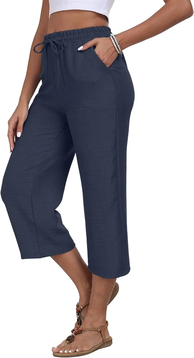 Womens Summer Capri Pants Wide Leg Elastic Waist Casual Business Pants Loose Work Lounge Trousers with Pockets