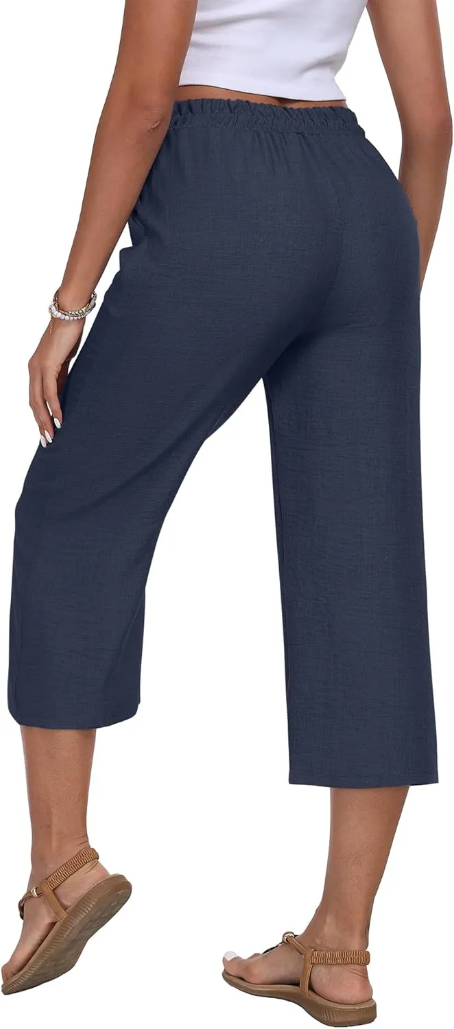 Womens Summer Capri Pants Wide Leg Elastic Waist Casual Business Pants Loose Work Lounge Trousers with Pockets