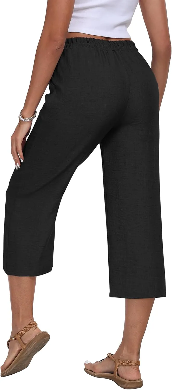 Womens Summer Capri Pants Wide Leg Elastic Waist Casual Business Pants Loose Work Lounge Trousers with Pockets