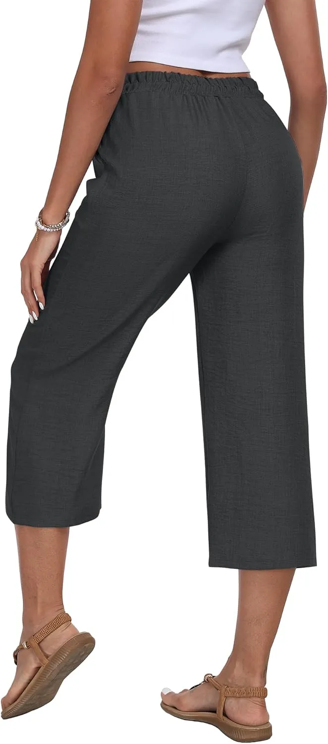 Womens Summer Capri Pants Wide Leg Elastic Waist Casual Business Pants Loose Work Lounge Trousers with Pockets
