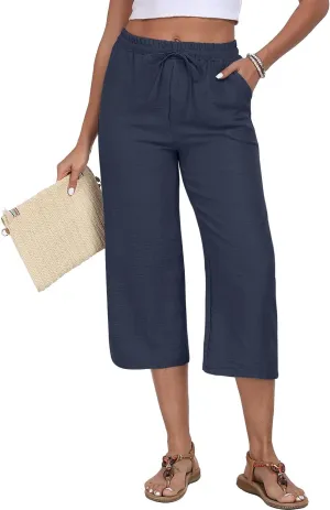 Womens Summer Capri Pants Wide Leg Elastic Waist Casual Business Pants Loose Work Lounge Trousers with Pockets