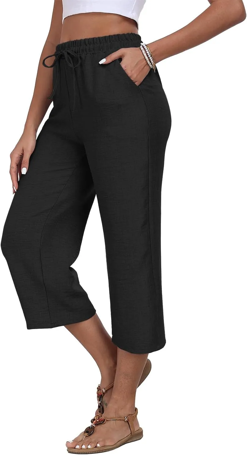 Womens Summer Capri Pants Wide Leg Elastic Waist Casual Business Pants Loose Work Lounge Trousers with Pockets