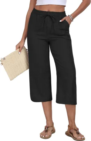 Womens Summer Capri Pants Wide Leg Elastic Waist Casual Business Pants Loose Work Lounge Trousers with Pockets