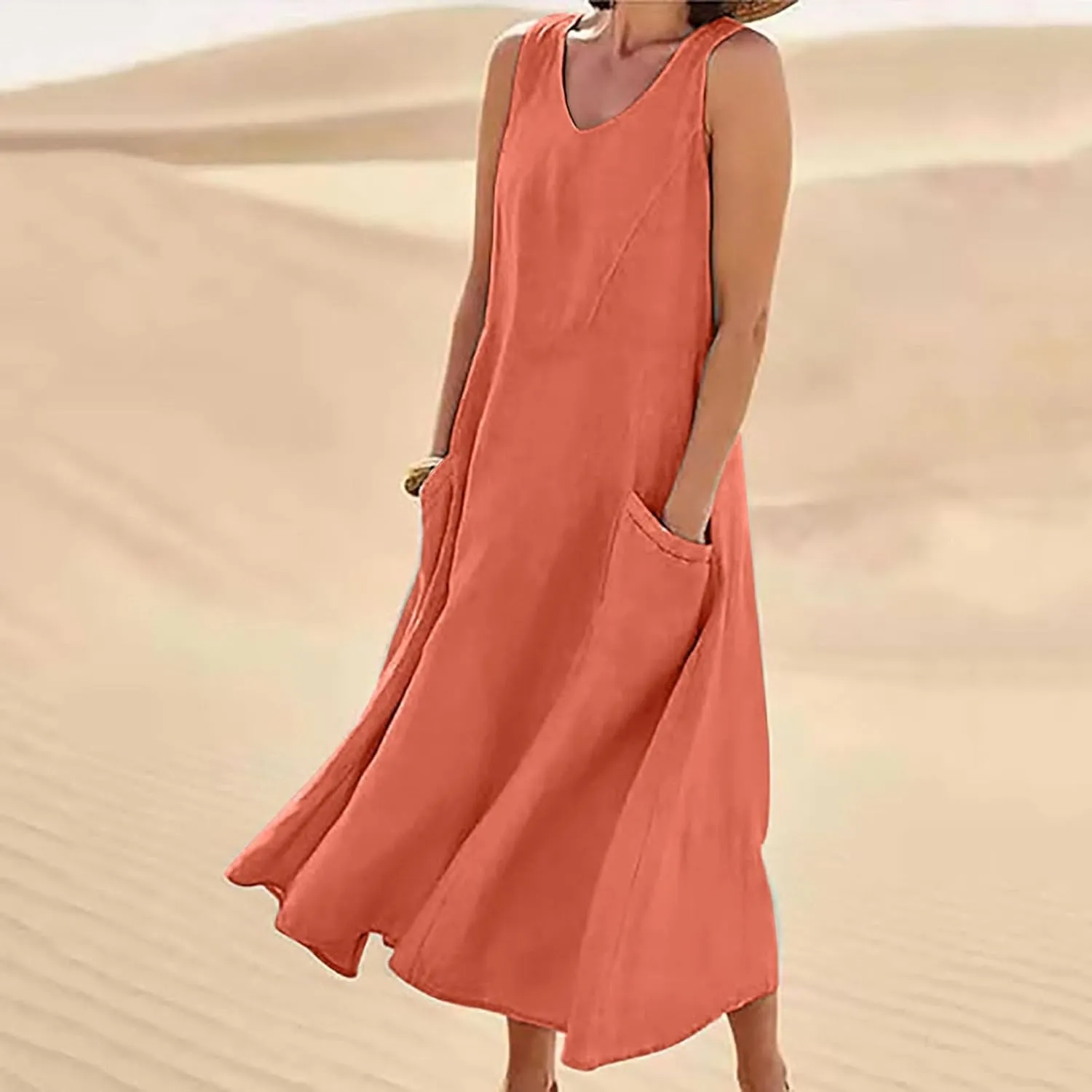Women's Summer Cotton Linen Long Dress Plus Size Loose Dress with Pockets