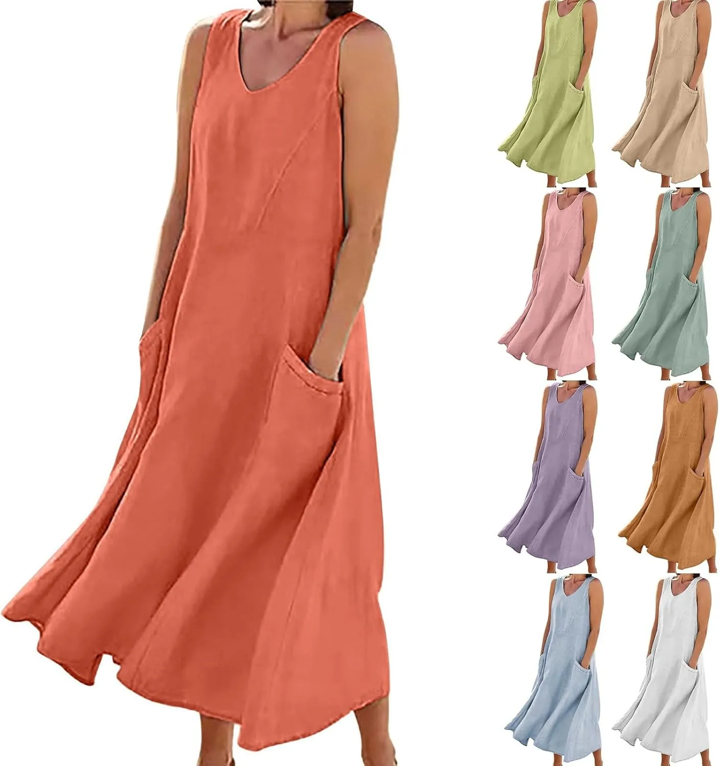 Women's Summer Cotton Linen Long Dress Plus Size Loose Dress with Pockets