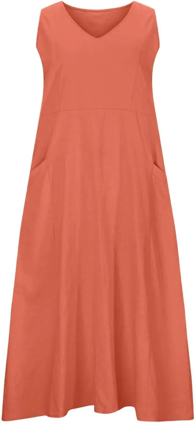 Women's Summer Cotton Linen Long Dress Plus Size Loose Dress with Pockets