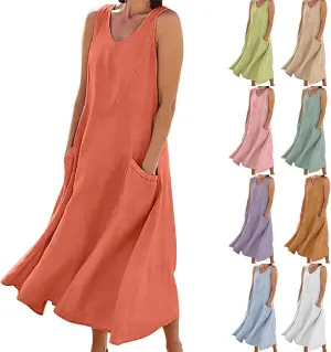 Women's Summer Cotton Linen Long Dress Plus Size Loose Dress with Pockets