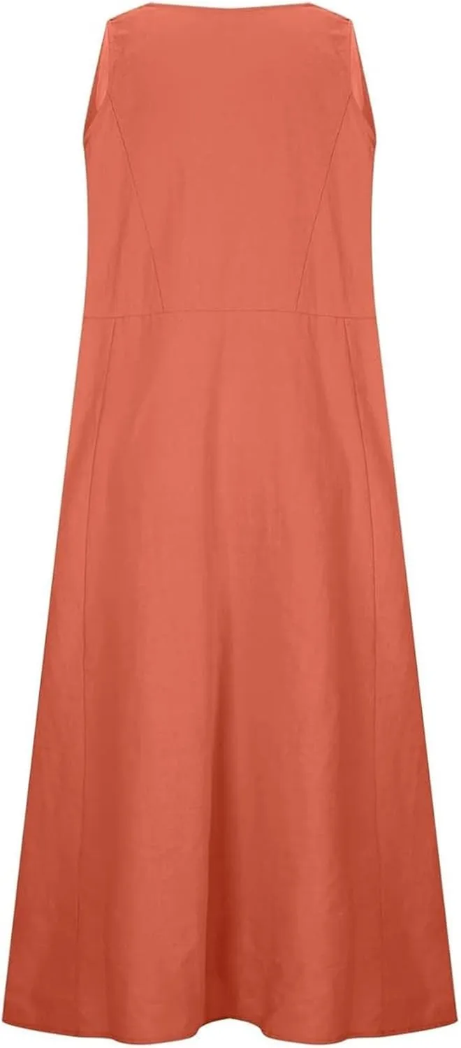 Women's Summer Cotton Linen Long Dress Plus Size Loose Dress with Pockets
