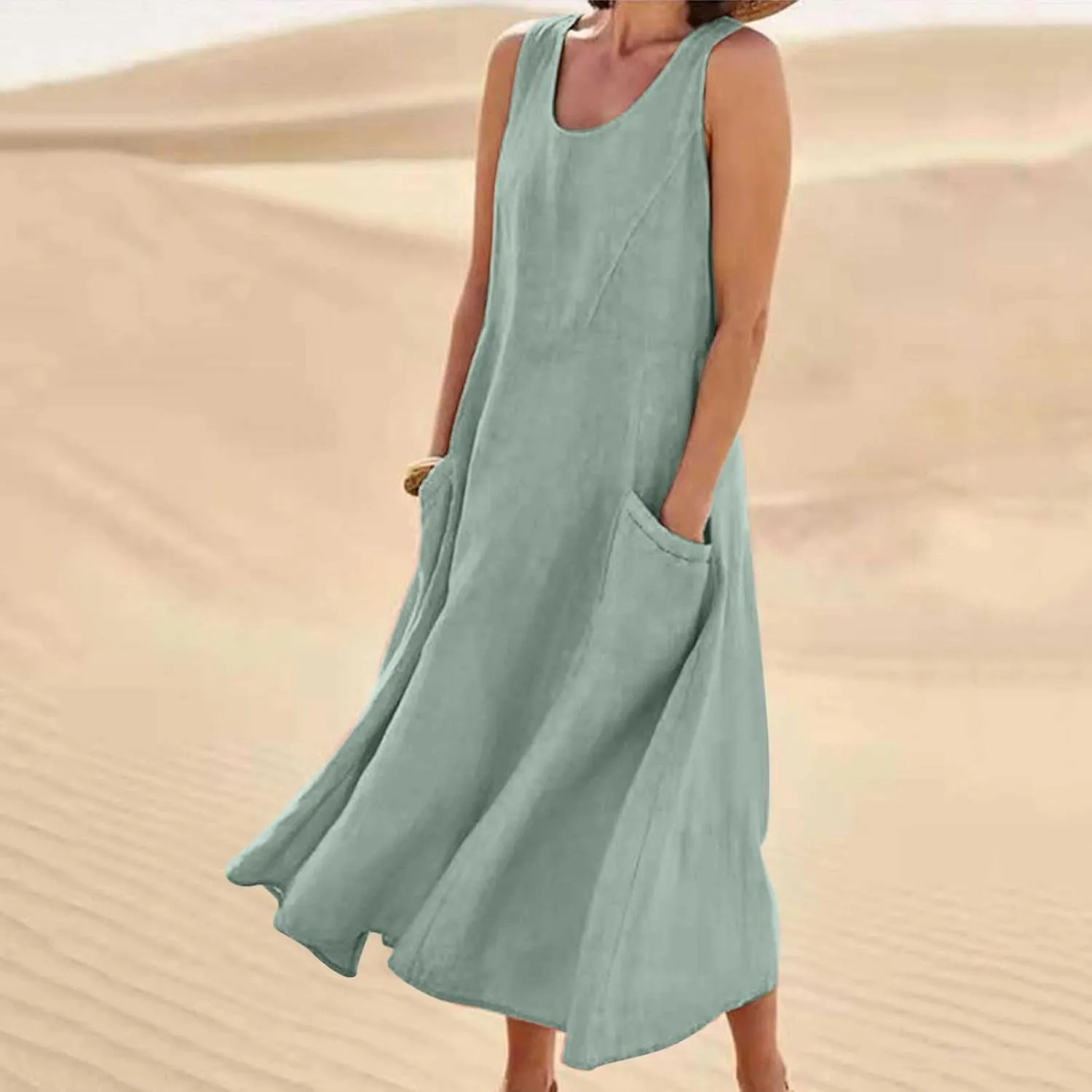 Women's Summer Cotton Linen Long Dress Sleeveless Elegant Flowy Dresses Plus Size Loose Comfy Dress with Pockets