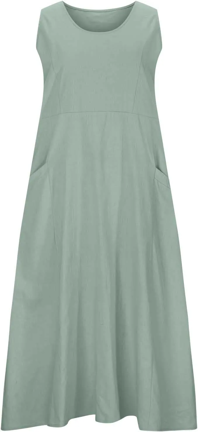 Women's Summer Cotton Linen Long Dress Sleeveless Elegant Flowy Dresses Plus Size Loose Comfy Dress with Pockets