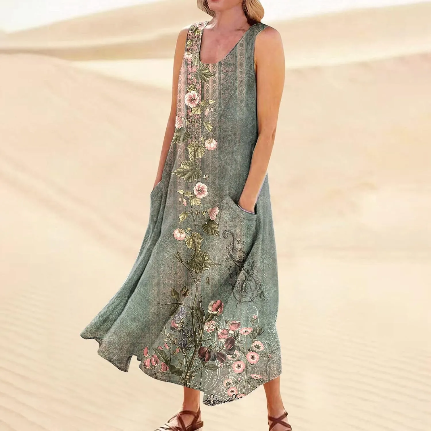 Women's Summer Cotton Linen Long Dress Sleeveless Elegant Flowy Dresses Plus Size Loose Comfy Dress with Pockets