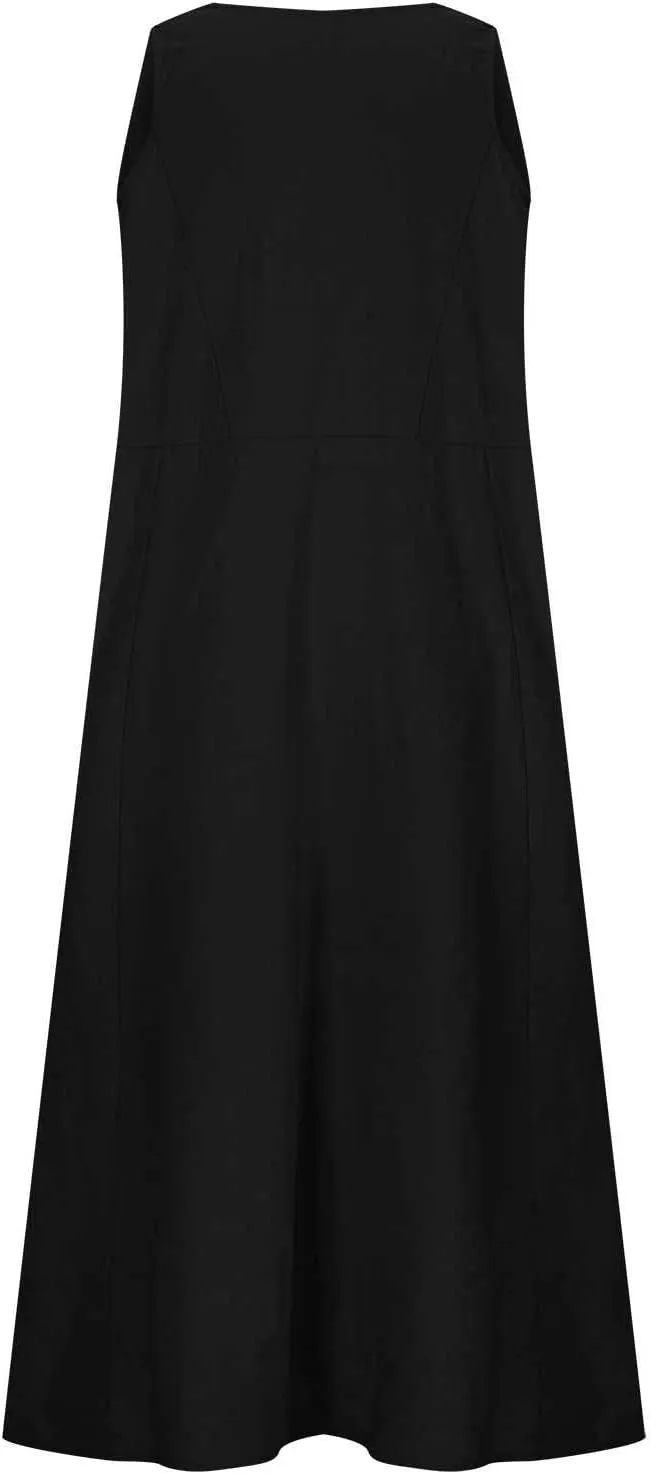 Women's Summer Cotton Linen Long Dress Sleeveless Elegant Flowy Dresses Plus Size Loose Comfy Dress with Pockets