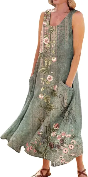 Women's Summer Cotton Linen Long Dress Sleeveless Elegant Flowy Dresses Plus Size Loose Comfy Dress with Pockets