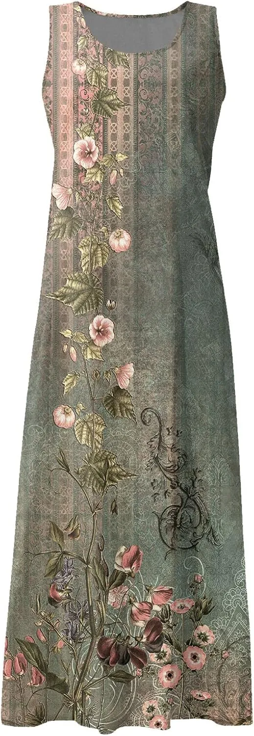 Women's Summer Cotton Linen Long Dress Sleeveless Elegant Flowy Dresses Plus Size Loose Comfy Dress with Pockets