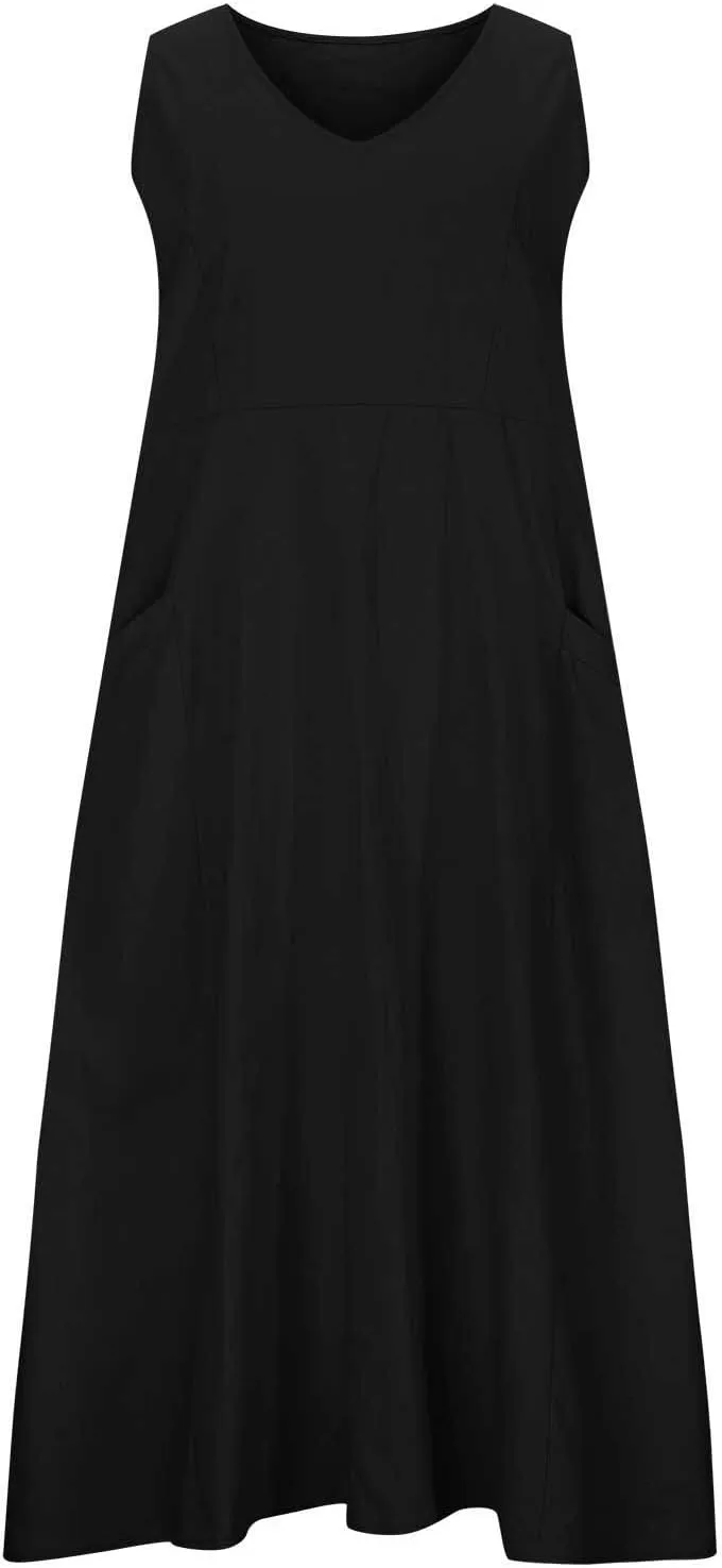 Women's Summer Cotton Linen Long Dress Sleeveless Elegant Flowy Dresses Plus Size Loose Comfy Dress with Pockets