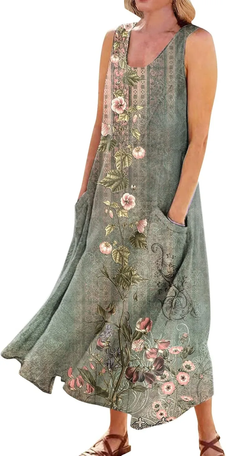 Women's Summer Cotton Linen Long Dress Sleeveless Elegant Flowy Dresses Plus Size Loose Comfy Dress with Pockets