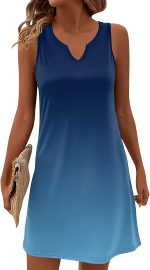 Womens Summer Dresses 2025 Casual V Neck Sleeveless Sundress Fashion Beach Print Dresses Elegant Vacation Mini-Dress
