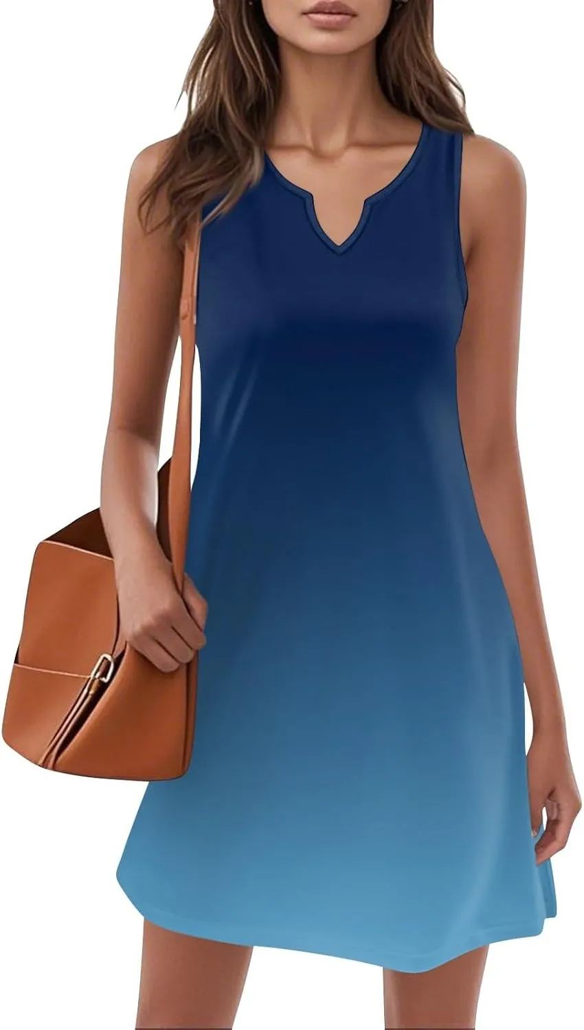 Womens Summer Dresses 2025 Casual V Neck Sleeveless Sundress Fashion Beach Print Dresses Elegant Vacation Mini-Dress