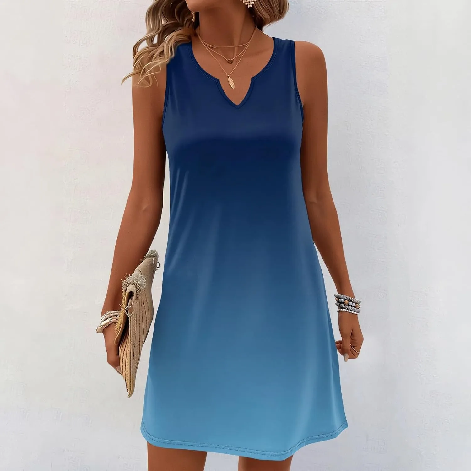 Womens Summer Dresses 2025 Casual V Neck Sleeveless Sundress Fashion Beach Print Dresses Elegant Vacation Mini-Dress