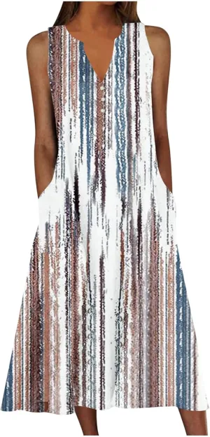 Women's Summer Floral Casual Dress Plus Size Midi Sundress Sleeveless Henley V-Neck Long Tank Dresses with Pockets