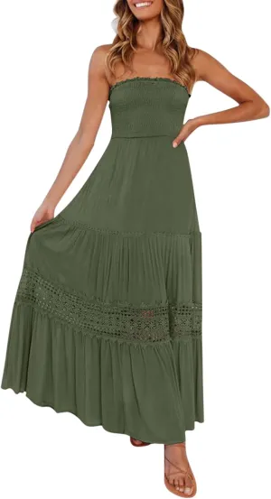 Women's Summer Maxi Dress 2025 Casual Boho Off Shoulder Sleeveless Lace Trim Dresses Smocked Tiered Beach Sundresses