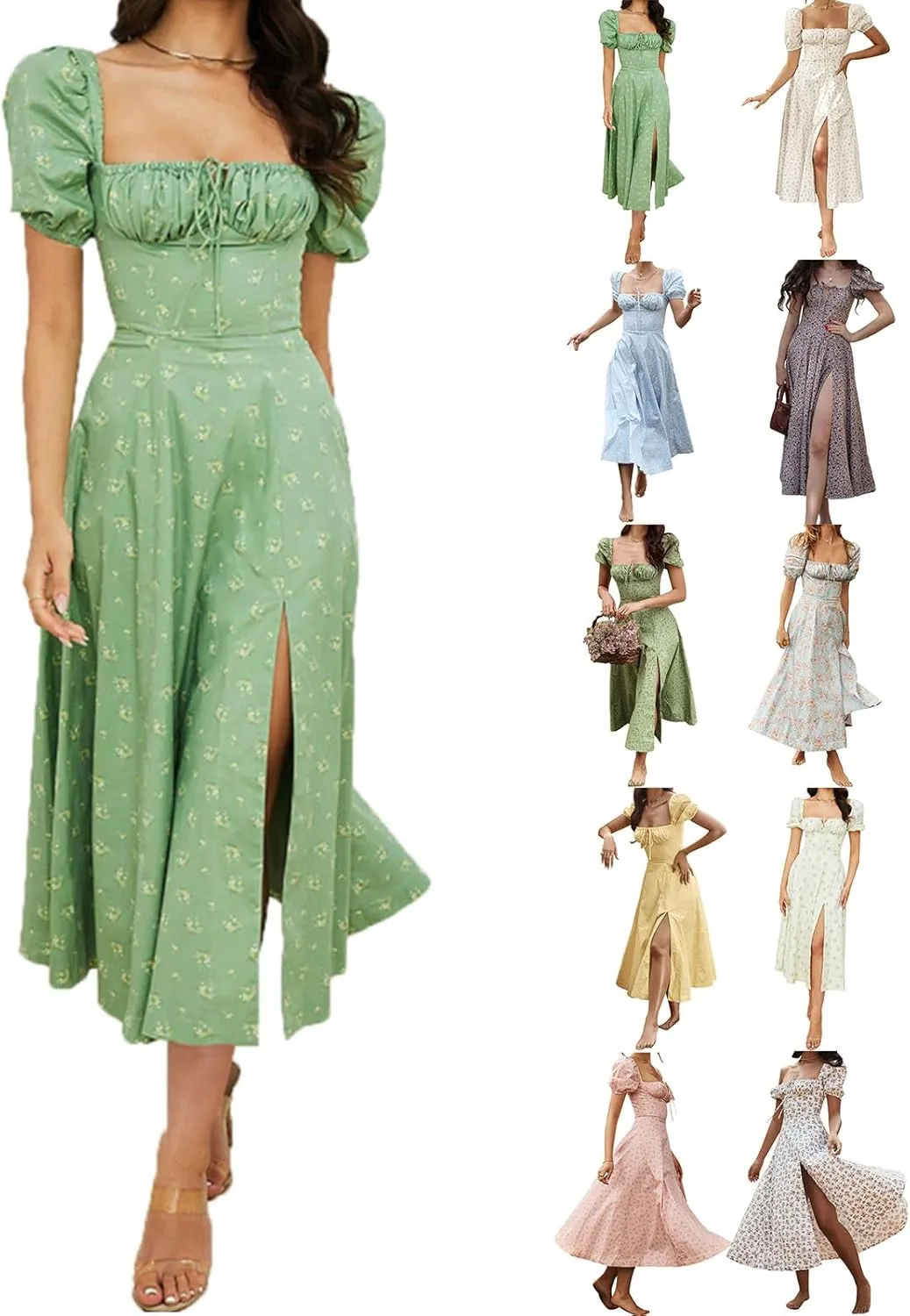 Womens Summer Puff Sleeve Dress Side Split Maxi Dresses Square Neck Floral Print Boho Long Dresses Beach Dress