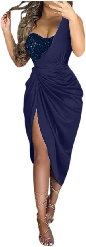 Women's Summer Sexy Elegant Trendy Solid Color Cold Shoulder Sequins Split Party Cocktail Prom Dress, S-3XL