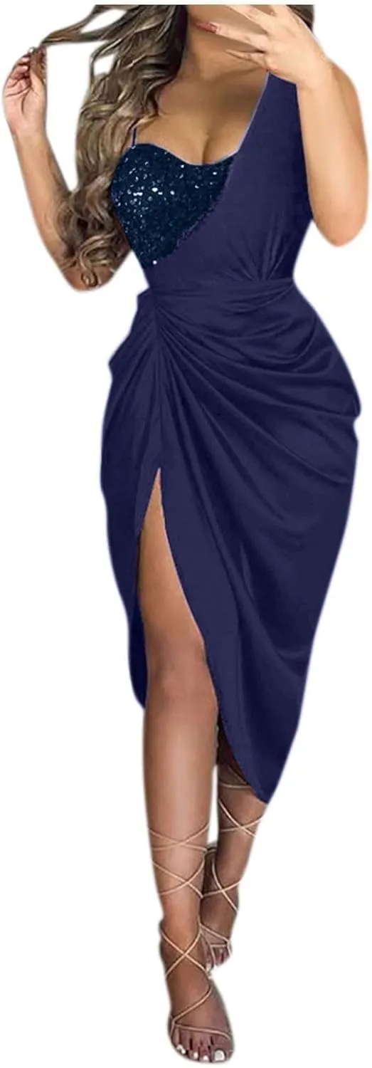 Women's Summer Sexy Elegant Trendy Solid Color Cold Shoulder Sequins Split Party Cocktail Prom Dress, S-3XL