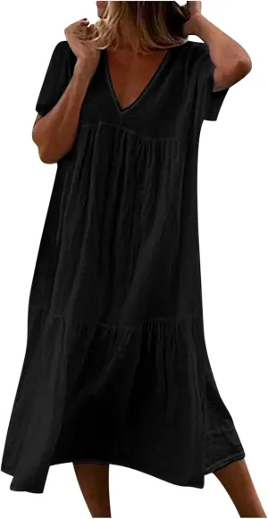 Womens Summer Short Sleeve V Neck Midi Dress 2025 Fashion Casual Fit Flowy Tiered Boho Beach Vacation Sundress
