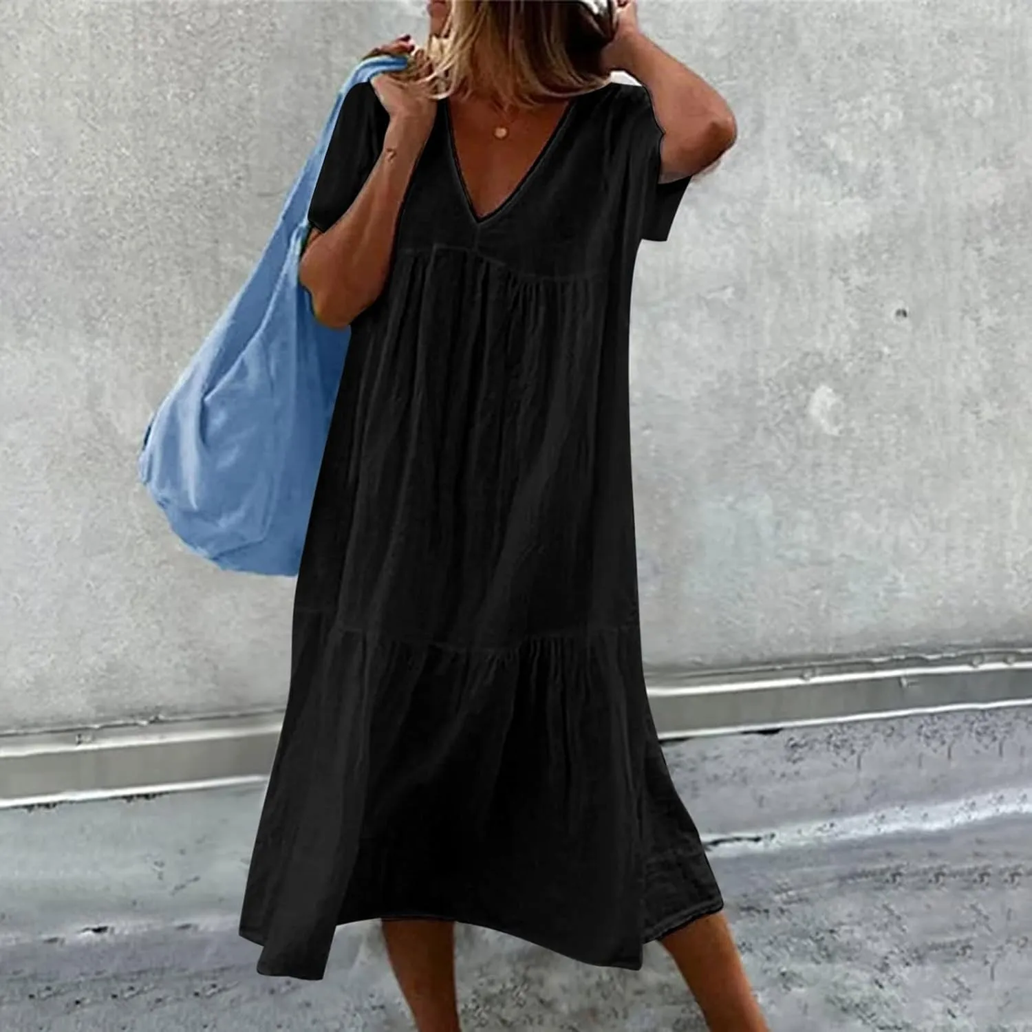 Womens Summer Short Sleeve V Neck Midi Dress 2025 Fashion Casual Fit Flowy Tiered Boho Beach Vacation Sundress