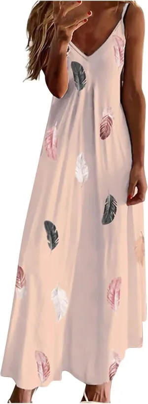 Women's Summer Spaghetti Strap Elegant Long Dresses Plus Size Vacation Flowy Beach Sundress Loose Floor Length