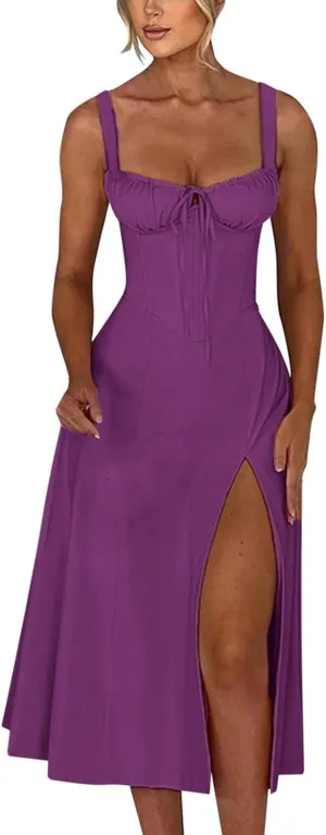 Women's Summer Split Thigh Spaghetti Strap Cami Midi Floral Dress Casual Elegant Bustier Corset Slit Long Dresses