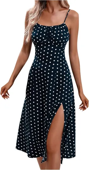 Women's Summer Split Thigh Spaghetti Strap Cami Midi Floral Dress Sleeveless Polka Dot Beach Slim Fit Sundresses