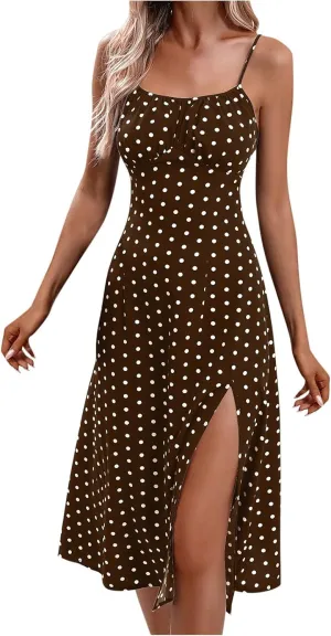 Women's Summer Split Thigh Spaghetti Strap Cami Midi Floral Dress Sleeveless Polka Dot Beach Slim Fit Sundresses