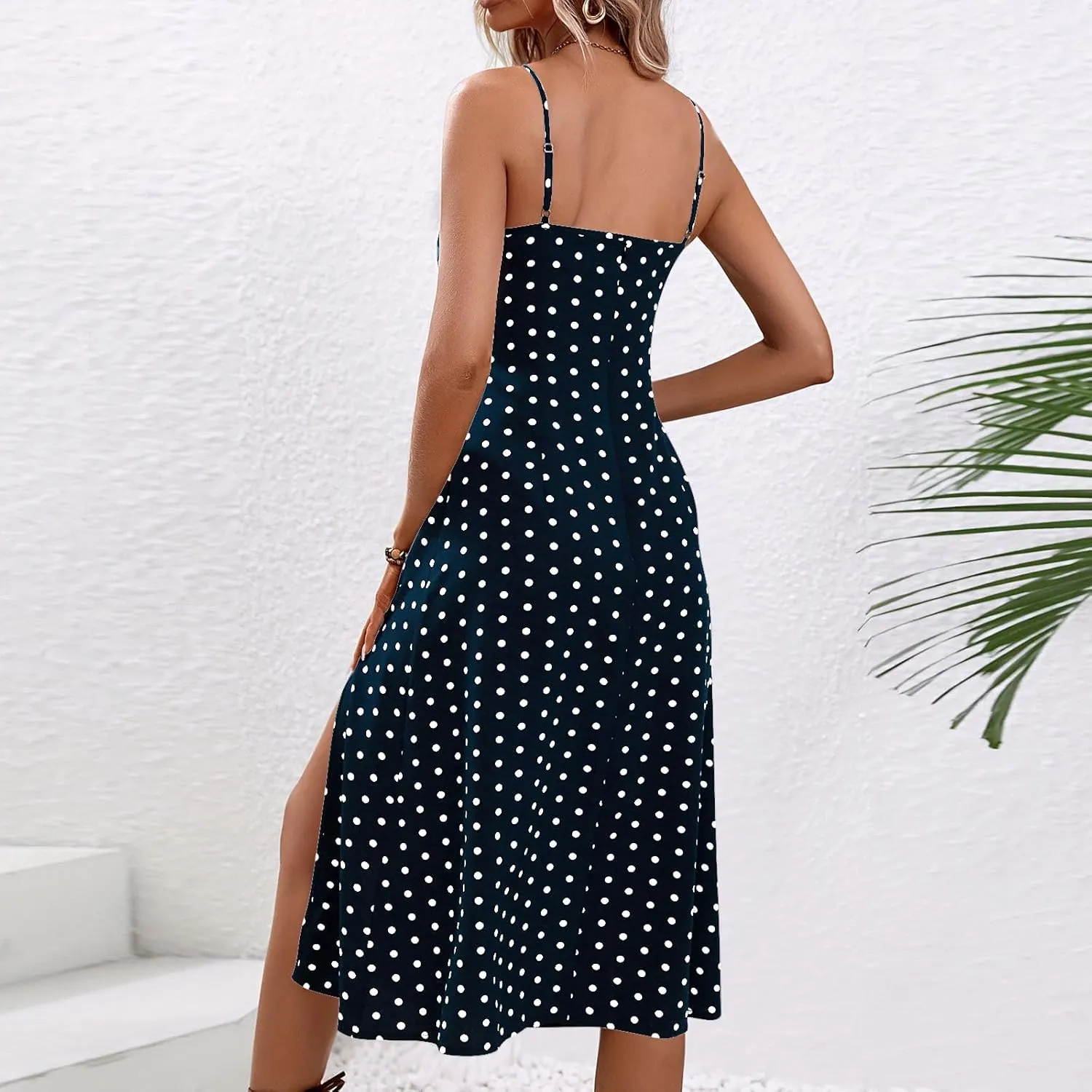 Women's Summer Split Thigh Spaghetti Strap Cami Midi Floral Dress Sleeveless Polka Dot Beach Slim Fit Sundresses