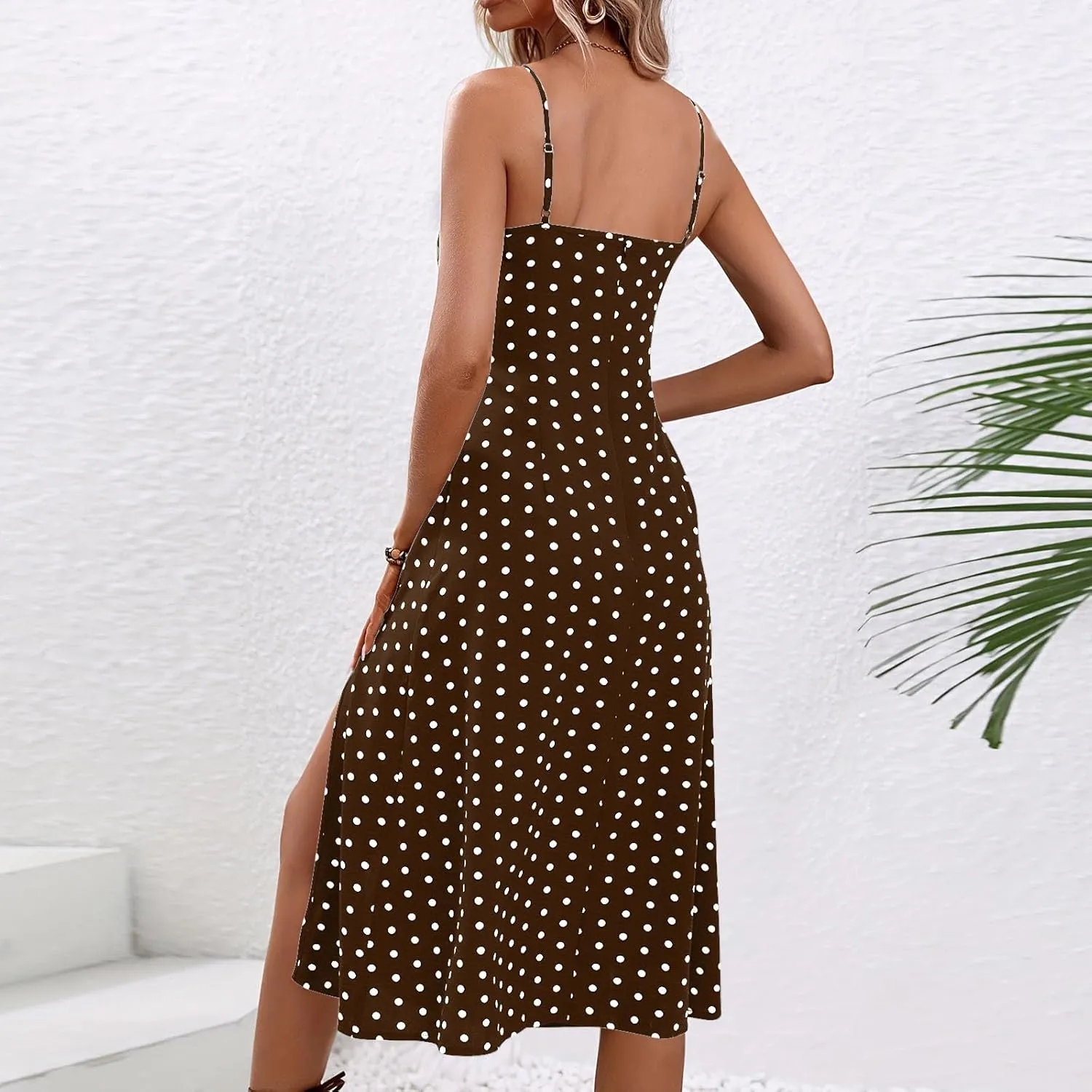 Women's Summer Split Thigh Spaghetti Strap Cami Midi Floral Dress Sleeveless Polka Dot Beach Slim Fit Sundresses