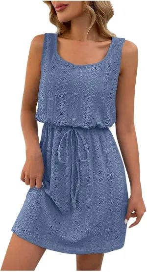 Womens Summer Tank Dress Drawstring Waist Dressy Casual Sleeveless Mini Sundress Casual Cute Jacquard Dresses 2025