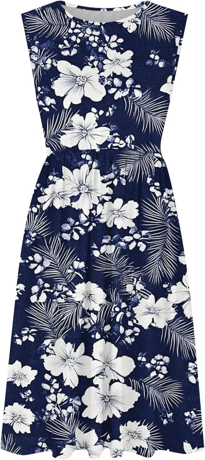 Women's Summer Tank Midi Dress with Pockets, Sleeveless A-Line Sun Dresses Casual T-Shirt Dress Flowy Beach Sundress