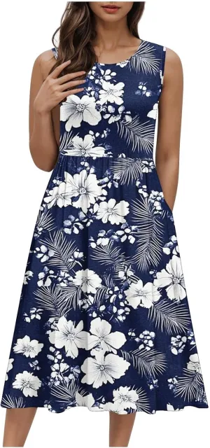 Women's Summer Tank Midi Dress with Pockets, Sleeveless A-Line Sun Dresses Casual T-Shirt Dress Flowy Beach Sundress